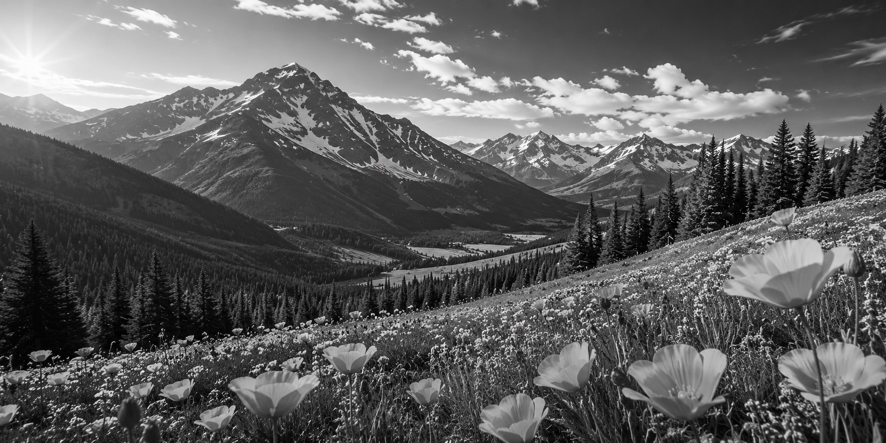 Wildflower meadow below a snowcapped peak