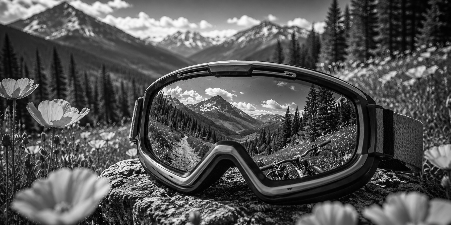 Ski goggles reflecting a mountain trail